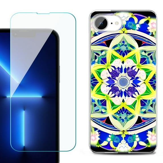For For iPhone 16e Phone Case Cover, Shockproof Case with Tempered Glass Screen Protector, by OneToughShield - Mandalas Color