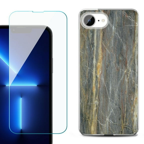 For For iPhone 16e Phone Case Cover, Shockproof Case with Tempered Glass Screen Protector, by OneToughShield - Marble/Camo