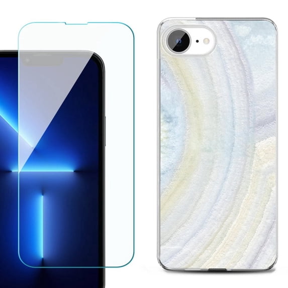For For iPhone 16e Phone Case Cover, Shockproof Case with Tempered Glass Screen Protector, by OneToughShield - Marble / Rainbow