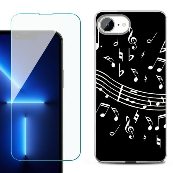 For For iPhone 16e Phone Case Cover, Shockproof Case with Tempered Glass Screen Protector, by OneToughShield - Music Notes / Black