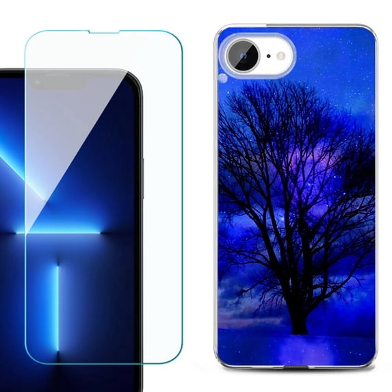 For For iPhone 16e Phone Case Cover, Shockproof Case with Tempered Glass Screen Protector, by OneToughShield - Night Tree
