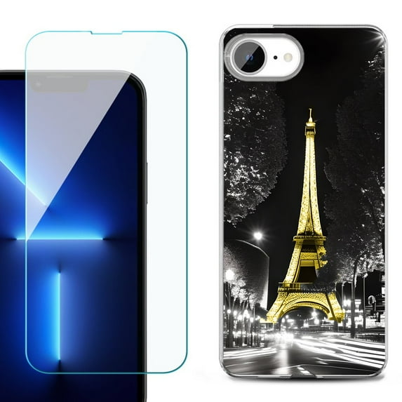For For iPhone 16e Phone Case Cover, Shockproof Case with Tempered Glass Screen Protector, by OneToughShield - Paris Night