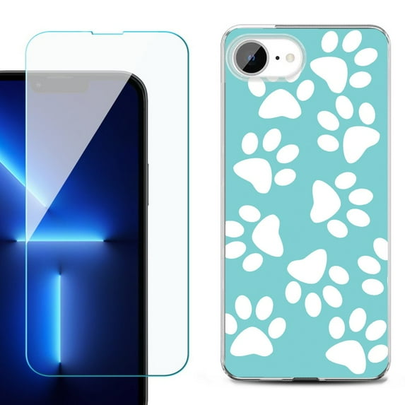 For For iPhone 16e Phone Case Cover, Shockproof Case with Tempered Glass Screen Protector, by OneToughShield - Pet Paw / Teal