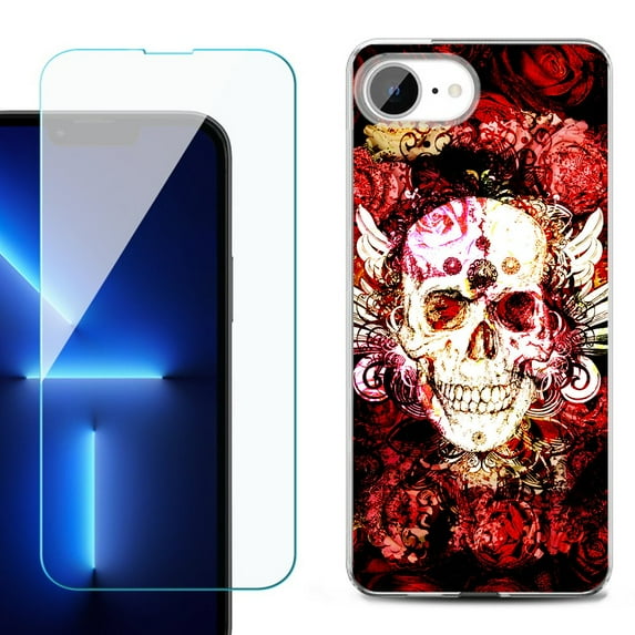 For For iPhone 16e Phone Case Cover, Shockproof Case with Tempered Glass Screen Protector, by OneToughShield - Rose Skull