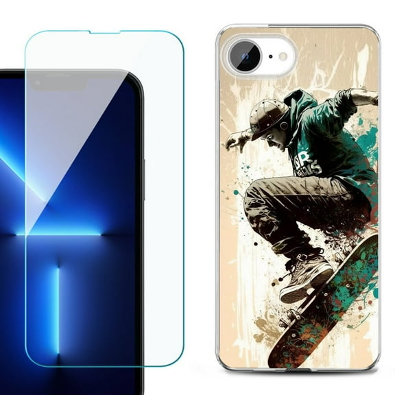 For For iPhone 16e Phone Case Cover, Shockproof Case with Tempered Glass Screen Protector, by OneToughShield - Skateboarding