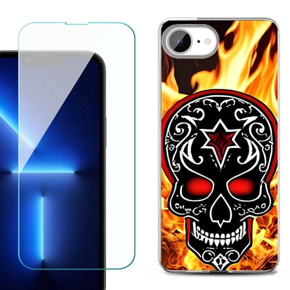 For For iPhone 16e Phone Case Cover, Shockproof Case with Tempered Glass Screen Protector, by OneToughShield - Skull Flames