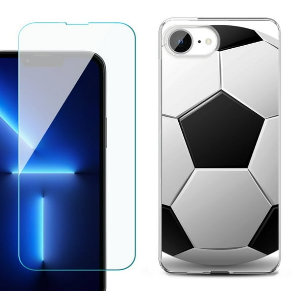 For For iPhone 16e Phone Case Cover, Shockproof Case with Tempered Glass Screen Protector, by OneToughShield - Soccer