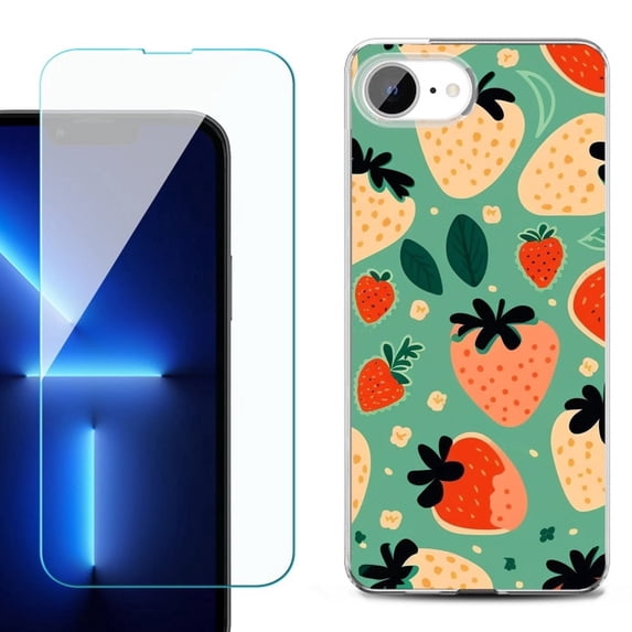 For For iPhone 16e Phone Case Cover, Shockproof Case with Tempered Glass Screen Protector, by OneToughShield - Stawberry Mix