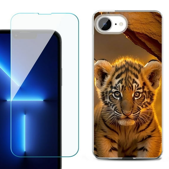 For For iPhone 16e Phone Case Cover, Shockproof Case with Tempered Glass Screen Protector, by OneToughShield - Tiger Cub
