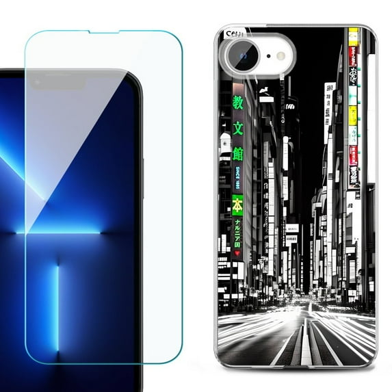 For For iPhone 16e Phone Case Cover, Shockproof Case with Tempered Glass Screen Protector, by OneToughShield - Tokyo Night