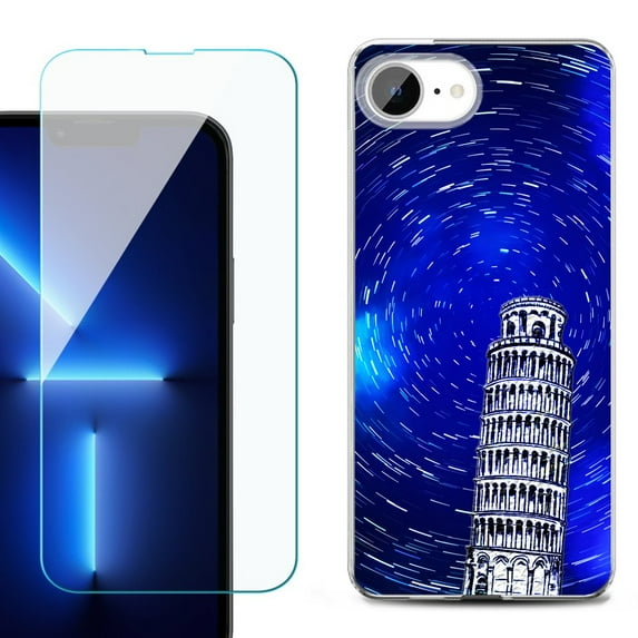 For For iPhone 16e Phone Case Cover, Shockproof Case with Tempered Glass Screen Protector, by OneToughShield - Tower of Pisa