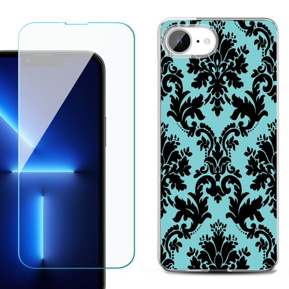 For For iPhone 16e Phone Case Cover, Shockproof Case with Tempered Glass Screen Protector, by OneToughShield - Victorian Blue/Black