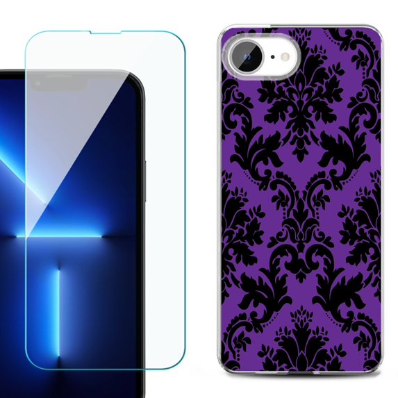 For For iPhone 16e Phone Case Cover, Shockproof Case with Tempered Glass Screen Protector, by OneToughShield - Victorian Purple/Black