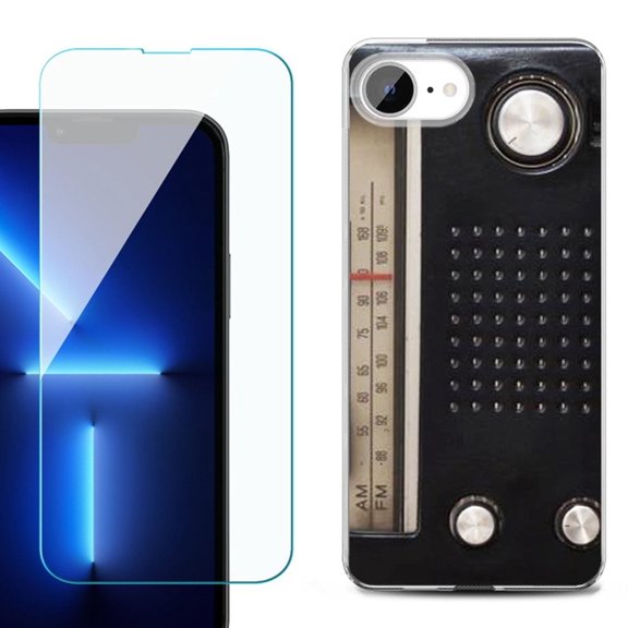 For For iPhone 16e Phone Case Cover, Shockproof Case with Tempered Glass Screen Protector, by OneToughShield - Vintage Radio