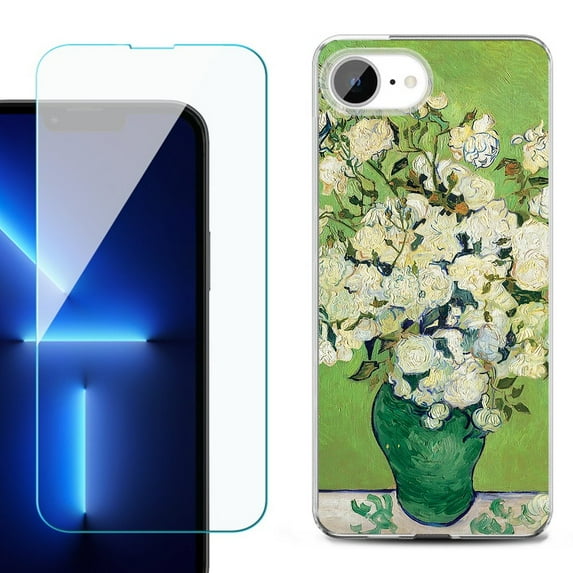 For For iPhone 16e Phone Case Cover, Shockproof Case with Tempered Glass Screen Protector, by OneToughShield - White Roses