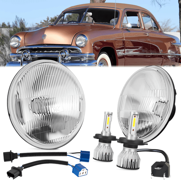 For Ford Custom 1949-1952 1957 Pair 7" Inch Round LED Headlights with H4 6000K