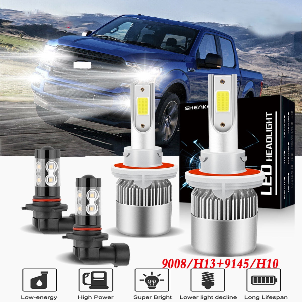 For Ford F150 2009 2010 2011 Headlights 9008 H13 LED High and Low Beam 9145 Fog Light 4pc