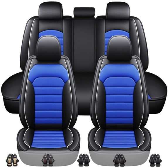 For Ford Focus Car Seat Cover 5 Seats, Waterproof PU Leather Automotive Seat Protector, Front Rear Full Set for EcoSport/ Mondeo/ Taurus/ Fiesta Black+Blue