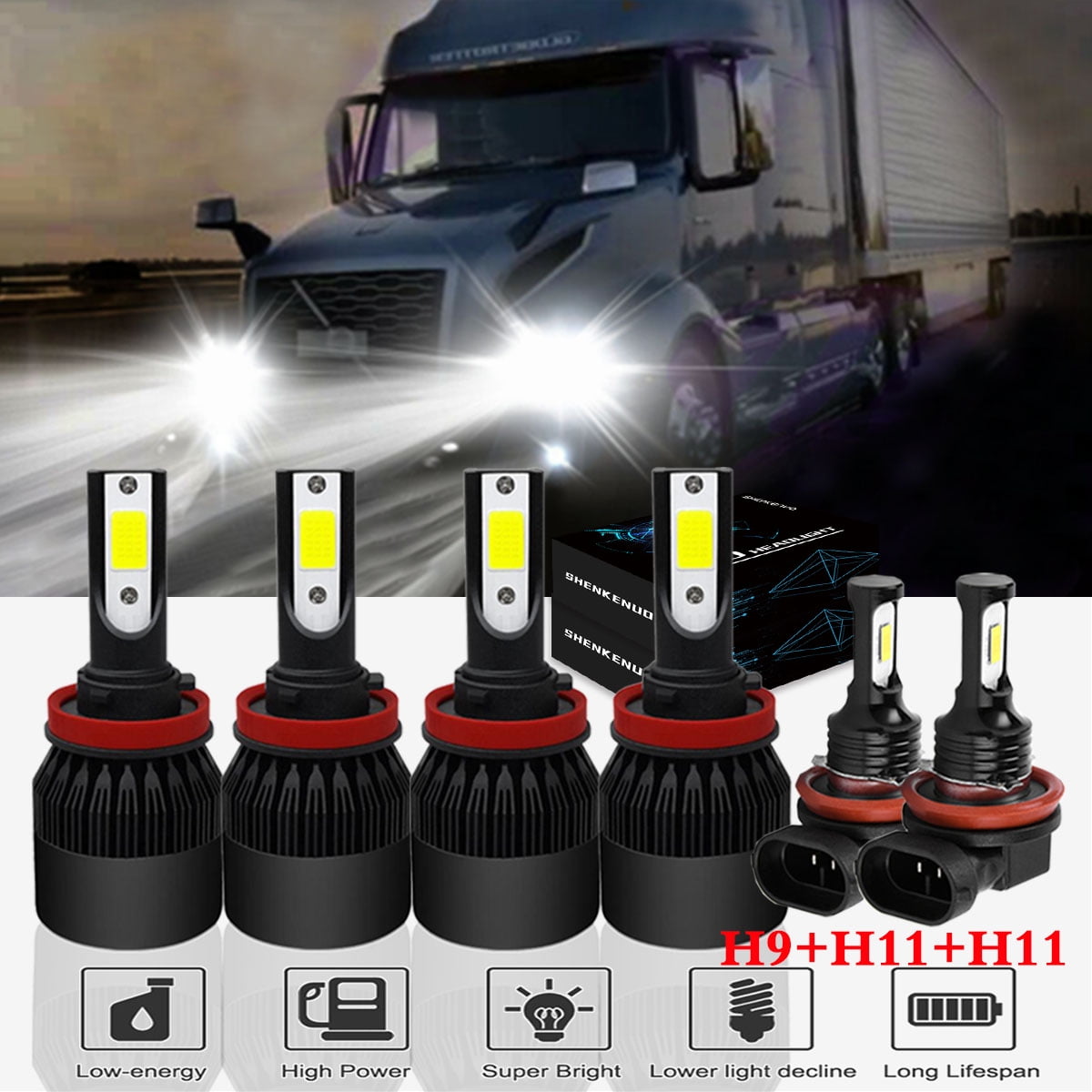 For Freightliner Cascadia 2008-2016 LED Headlight Bulbs, H9 H11 High and  Low Beam+H11 Fog light,SHENKENUO - Walmart.com