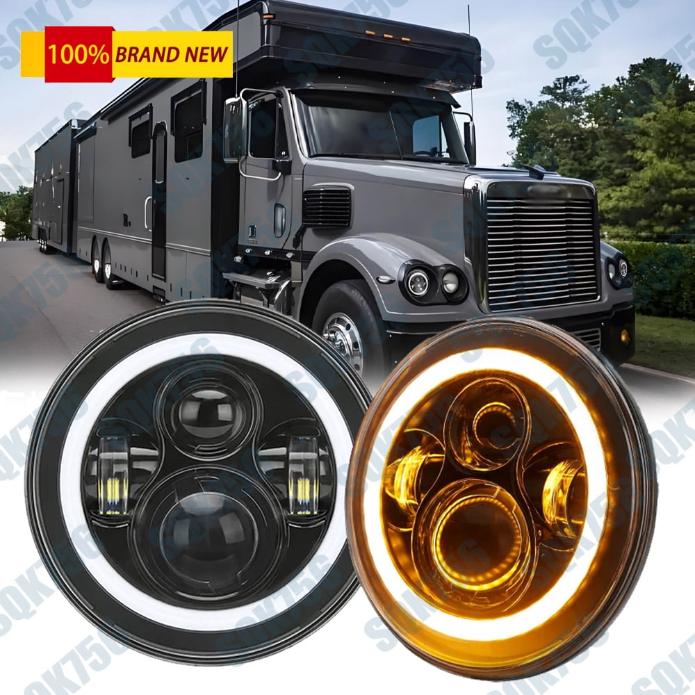 7-Inch LED Headlights – Pair For 2001-2016 Freightliner Coronado – Hi/Lo Beam With Halo DRL