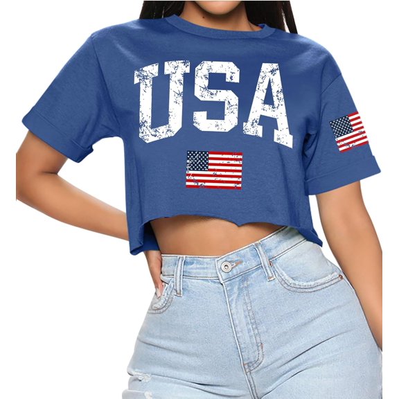 For G and PL Women's 4th of July American Flag Crop Top USA Stars and Stripes Memorial Day Short Sleeve Tee Shirts