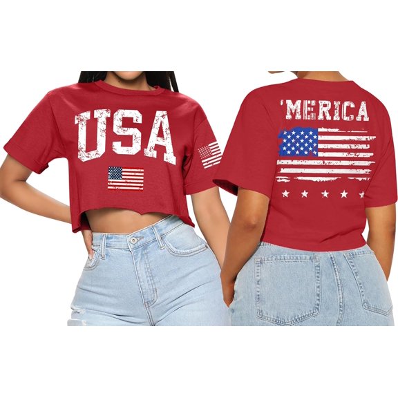 For G and PL Women's 4th of July American Flag Crop Top USA Stars and Stripes Memorial Day Short Sleeve Tee Shirts