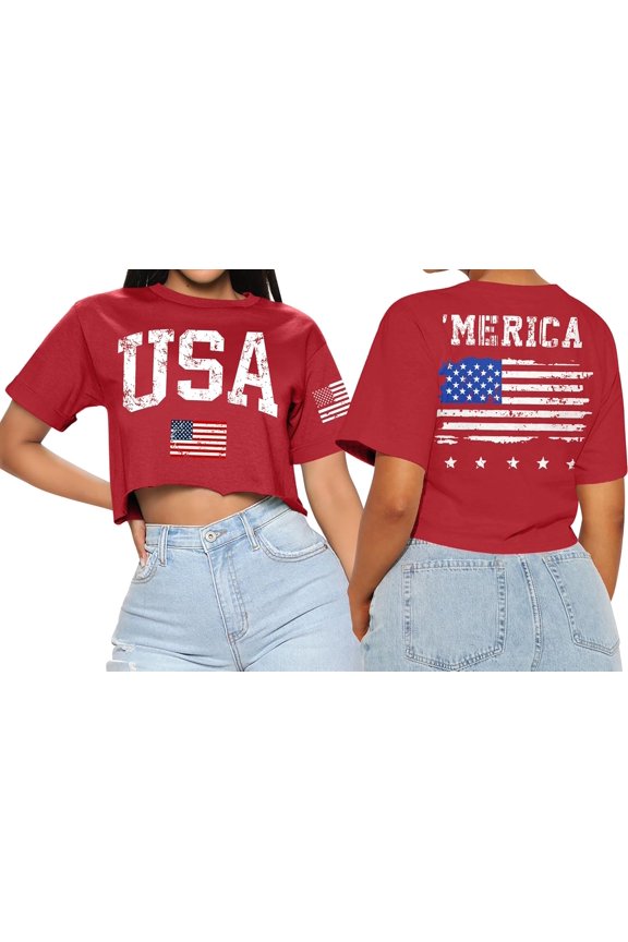 For G and PL Women's 4th of July American Flag Crop Top USA Stars and Stripes Memorial Day Short Sleeve Tee Shirts