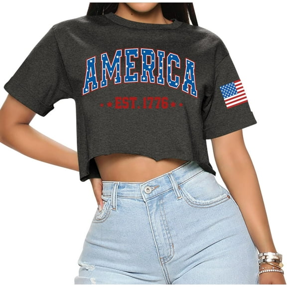 For G and PL Women's 4th of July American Flag Crop Top USA Stars and Stripes Memorial Day Short Sleeve Tee Shirts