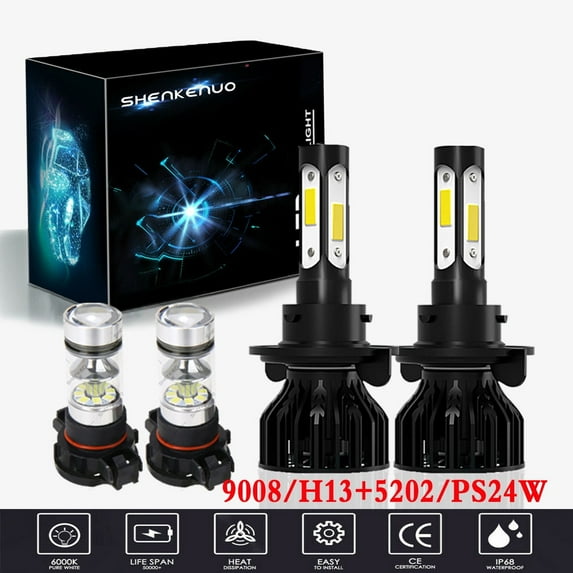 For GMC Yukon XL 1500 2500 2007-2014 Headlights,9008/H13 LED High/Low Beam and 5202/PS24W Fog light Bulbs,4pcs