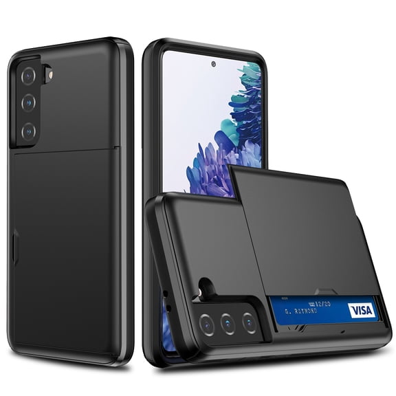 For Galaxy S21 FE Case Wallet with Slide Card Holder Slot Slim Dual Layer Heavy Duty Shockproof Hard PC Hybrid TPU Phone Case Flip Protective Cover for Samsung Galaxy S21 FE, Black