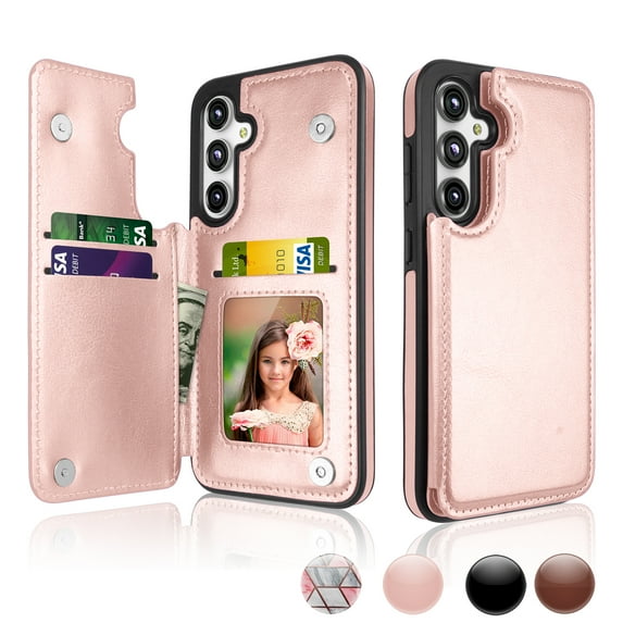 For Galaxy S23 FE 5G Case, Samsung S23 FE 5G Wallet Case, Luxury PU Leather Case,Luxury Slim Folio Flip Kickstand Shockproof Cards Holder Wallet Case Cover -Rose Gold