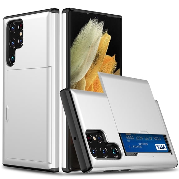 For Galaxy S23 Ultra Case Wallet with Slide Card Holder Slot Slim Dual Layer Heavy Duty Shockproof Hard PC Hybrid TPU Phone Case Flip Protective Cover for Samsung Galaxy S23 Ultra, White
