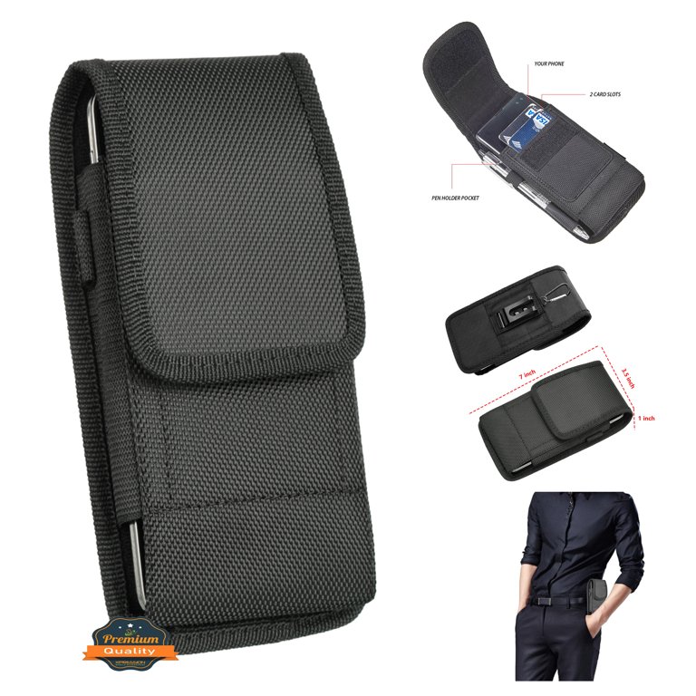 For Galaxy S23 Ultra Universal Vertical Nylon Pouch Cell Phone Case Holster with 2 Credit Card Slot, Belt Clip Loop, Velcro closure Cover - Black