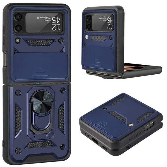 For Galaxy Z Flip 6 Case with Ring Holder Kickstand, Allytech Silde Camera Lens Protector Flip Hard PC Anti-Scratch Cover for Samsung Z Flip 6 , Blue