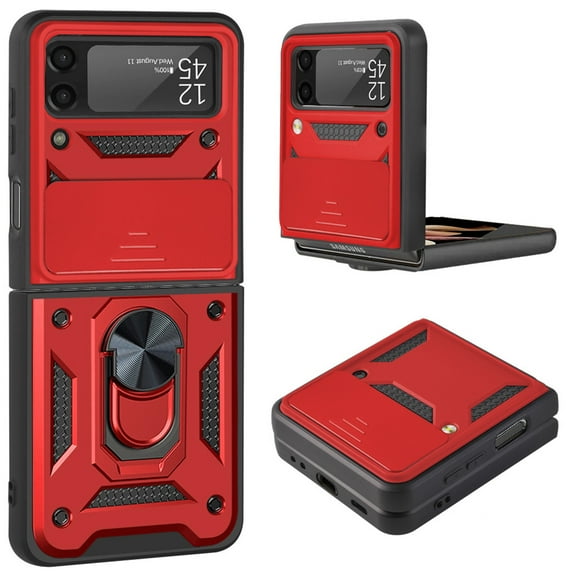 For Galaxy Z Flip 6 Case with Ring Holder Kickstand, Allytech Silde Camera Lens Protector Flip Hard PC Anti-Scratch Cover for Samsung Z Flip 6 , Red