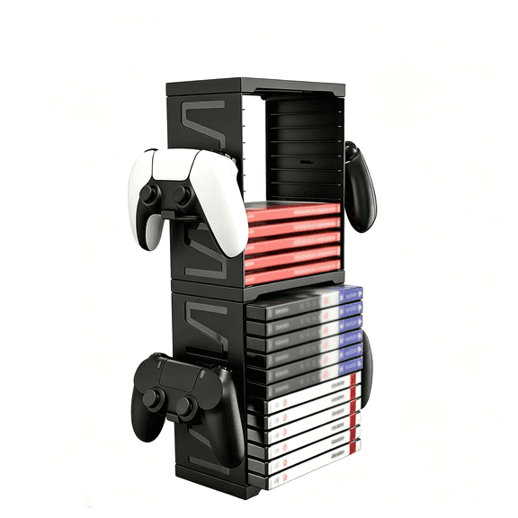 For Game Disc Storage Tower Compatible with Xbox PS5 PS4 Switch Game Organizer with 4 Controller Mounts Stores 24 Game Cases