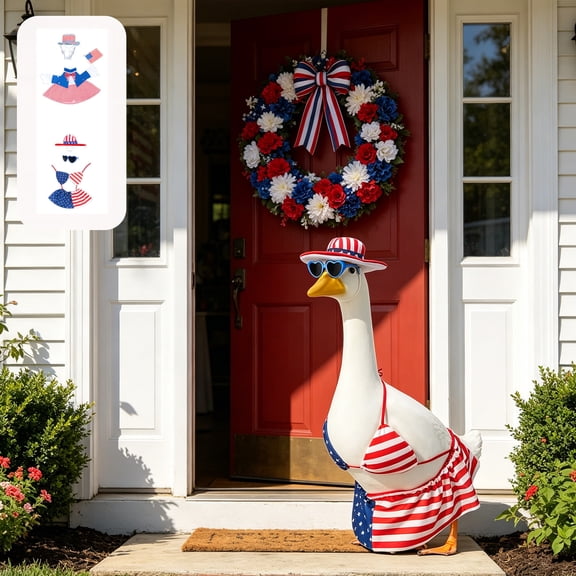 For Garden Statue And Yard Patriotic Goose Outfit With Star Pattern And Ribbon Trim In Holiday Theme As Costume Gift For Lawn Ornament Collector
