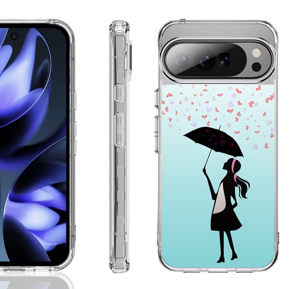 For Google Pixel 10 / 10 Pro Shockproof Phone Case, by OneToughShield - Rain/Hearts