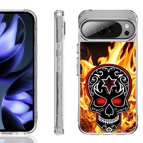 For Google Pixel 10 / 10 Pro Shockproof Phone Case, by OneToughShield - Skull Flames