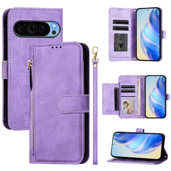 For Google Pixel 10 Pixel9 Pro XL  Zipper Wallet Case，Senior PU Leather Card Slots Magnetic Clasp Shockproof Protective Cover Case