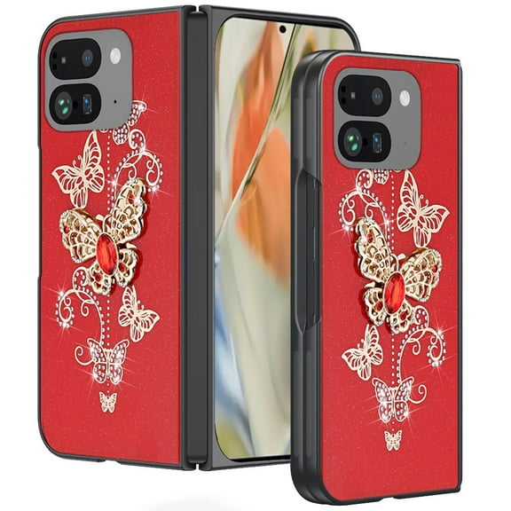 For Google Pixel 10 Pro Fold SPLENDID Diamond Glitter Ornaments Engraving Case Cover - Garden Butterflies Red