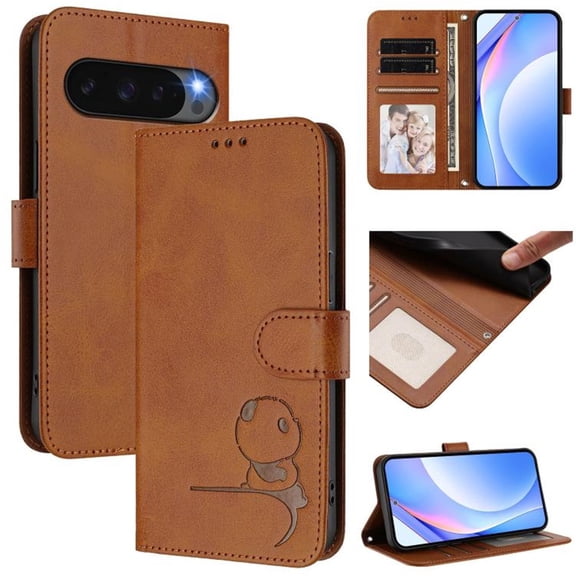 For Google Pixel 10 Pro XL Litter Panda Embossing Leather Phone Case with RFID Blocking Card Slot Wallet Magnetic Clasp Lanyard Flip Stand Case,Brown