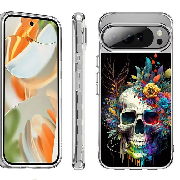 For Google Pixel 10 Pro XL Shockproof Protective Phone Case, by OneToughShield - Skull Flower