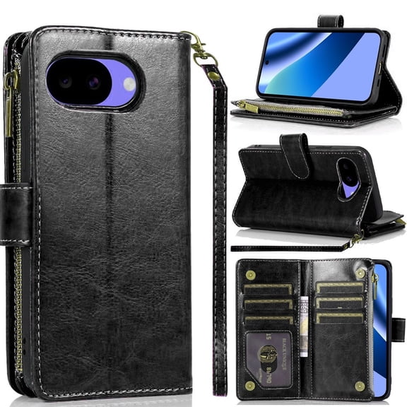 For Google Pixel 10a Luxury Wallet Card ID Zipper Money Holder Case Cover - Black