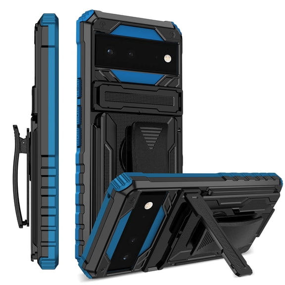 For Google Pixel 6 Case with Belt Clip Holster, Heavy Duty Military Grade Drop Protective, 360° Rotating Kickstand Shockproof TPU Shell Durable Rugged Cover For Google Pixel 6, Blue