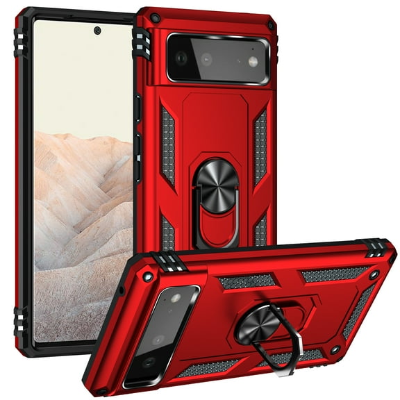 For Google Pixel 6 Case, Hybrid Rugged Shockproof Ring Holder Kickstand Magnetic Car Mount Full Body Protective Cover, Red