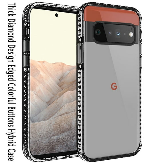 For Google Pixel 6 Crystal Transparent Rugged Shockproof Hybrid Hard PC + TPU Colorful Buttons Military Grade Protection Back Cover ,Xpm Phone Case [Black]