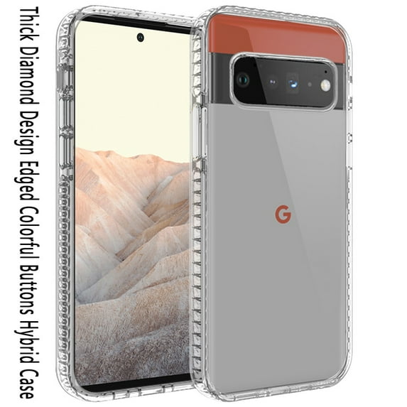 For Google Pixel 6 Crystal Transparent Rugged Shockproof Hybrid Hard PC + TPU Colorful Buttons Military Grade Protection Back Cover ,Xpm Phone Case [Clear]