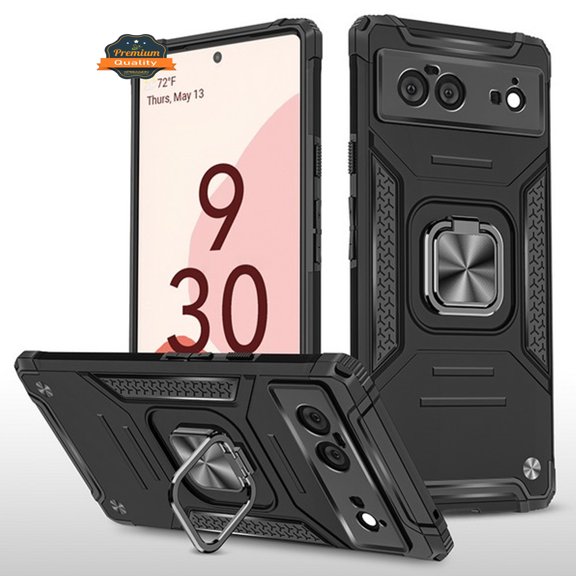 For Google Pixel 6 Hybrid Dual Layer TPU Hard PC Anti-Slip Full-Body Rugged Protective with Ring Stand Magnetic Kickstand Phone Case Cover by Xpression [Black]