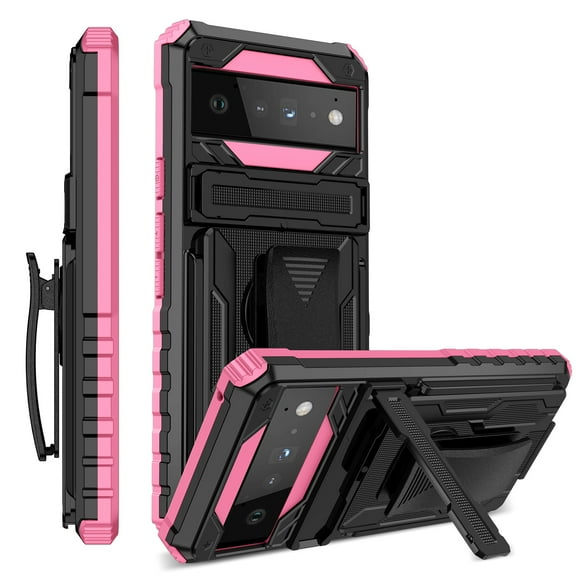 For Google Pixel 6 Pro Case with Belt Clip Holster, Heavy Duty Military Grade Drop Protective, 360° Rotating Kickstand Shockproof TPU Shell Durable Rugged Cover For Google Pixel 6 Pro, Pink